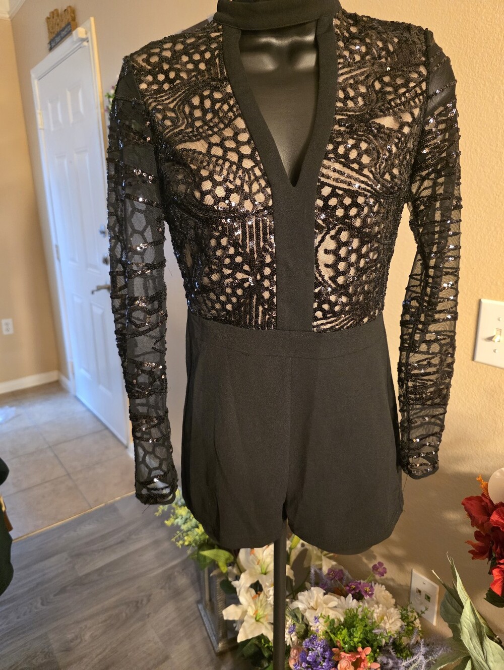 a'gaci Black Lace & Sequin Long-Sleeve Romper